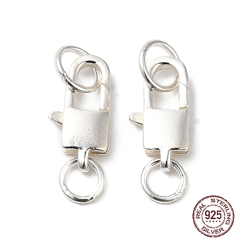 925 Sterling Silver Lobster Claw Clasps with Jump Rings, Square with 925 Stamp, Silver, 13x6.5x2.8mm