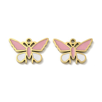 Ion Plating(IP) 316L Surgical Stainless Steel Pendants, with Enamel, Real 18K Gold Plated, Butterfly Charm, Pink, 10x15x1.5mm, Hole: 1.2mm