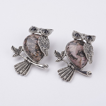 Natural Rhodonite Pendants, with Alloy Finding, Owl, Antique Silver, 46.5x35.5x11.5mm, Hole: 6x8.5mm