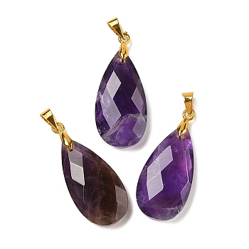 Natural Amethyst Pendants, with Brass Findings, Faceted, Teardrop Charms, 25x13x7mm, Hole: 5x4mm