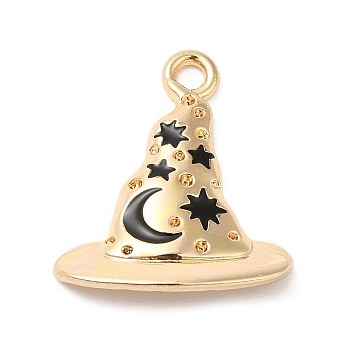 Halloween Theme Alloy Pendants, with Enamel, Hat with Moon & Star Charm, Golden, Black, 21x17.5x2mm, Hole: 2mm