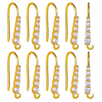 20Pcs Brass Micro Pave Clear Cubic Zirconia Earring Hooks, Ear Wire, with Horizontal Loops, Real 18K Gold Plated, 17x9x2.5mm, Hole: 1.8mm, Pin: 0.8mm