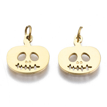 304 Stainless Steel Charms, with Jump Rings, Laser Cut, Jack-O-Lantern, for Halloween, Real 14K Gold Plated, 10x10x1mm, Jump Ring: 3.4x0.5mm, 2.4mm inner diameter