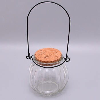 Empty Glass Wishing Bottle, Beads Containers, with Cork Stopper and Iron Handle, Pumpkin, Clear, 8.1x7.8cm