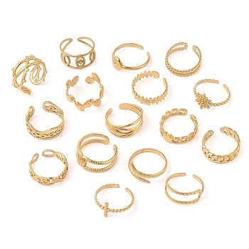 Ion Plating(IP) 304 Stainless Steel Open Cuff Rings for Women, Real 14K Gold Plated, Mixed Shapes, 5.5~11mm, Adjustable