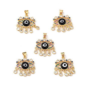 Lampwork Evil Eye Pendants with Colorful Cubic Zirconia, Real 18K Gold Plated Brass Findings, Lead Free & Cadmium free, Black, 27x22.5x4.5mm, Hole: 4x3.5mm