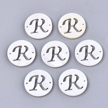 Natural Freshwater Shell Links Connectors, Flat Round with Letter, Letter.R, 14.5x1.5mm, Hole: 0.9mm