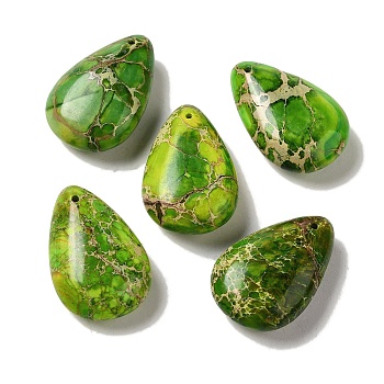 Dyed Natural Imperial Jasper Pendants, Teardrop Charms, Green, 30x20x10mm, Hole: 1.4mm