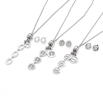 304 Stainless Steel Jewelry Sets, Necklaces & Stud Earrings, with Polymer Clay Rhinestone, Crystal, Stainless Steel Color, 22.2 inch~22.83 inch(56.4~58cm), 14~14.8x2.2~2.7mm, Pin: 0.5~0.7mm