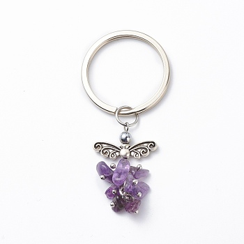 Natural Amethyst Angel Pendant Keychain, with Iron Findings, 6.8cm
