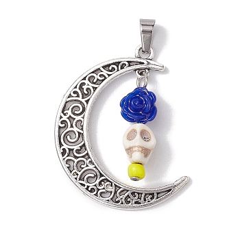 Halloween Synthetic Turquoise Skull Pendants, Alloy Hollow Moon Charms with Resin Rose, Antique Silver, Royal Blue, 41x35x8mm, Hole: 7x4mm