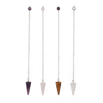 Mixed Natural Gemstone Hexagonal Pointed Dowsing Pendulums, with 304 Stainless Steel Findings, Faceted Cone Charm, 220mm