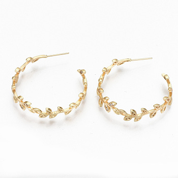 Brass Micro Pave Clear Cubic Zirconia Half Hoop Earrings, Stud Earring, Leaf, Nickel Free, Real 18K Gold Plated, 37x37x7mm, Pin: 0.7mm