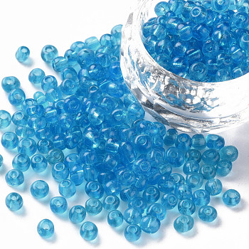 (Repacking Service Available) Glass Seed Beads, Transparent, Round, Sky Blue, 6/0, 4mm, Hole: 1.5mm, about 12G/bag