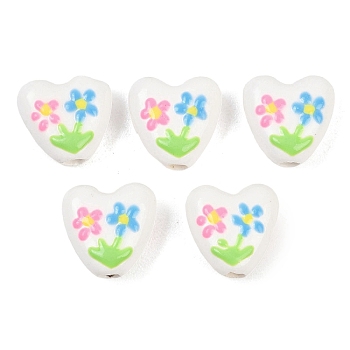 Handmade Porcelain Beads, Hand Painted Ceramic Beads, Heart, Bright Glazed Porcelain, Flower, 14~15x14~15x7~8mm, Hole: 3mm