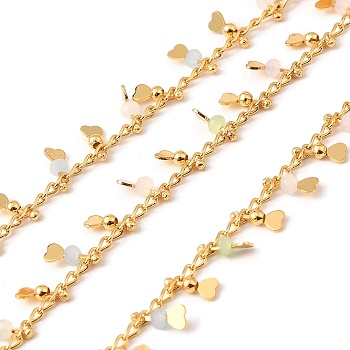 Handmade Brass Link Chain, with Glass Beads, Soldered, with Spool, Real 18K Gold Plated, Misty Rose, 3x1.5x0.3mm and 7x3x2~2.5mm, about 16.40 Feet(5m)/Roll