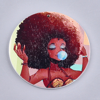 Printed Wooden Big Pendants, Dyed, Flat Round with Fashion Lady, Colorful, 60x2.5mm, Hole: 1.5mm