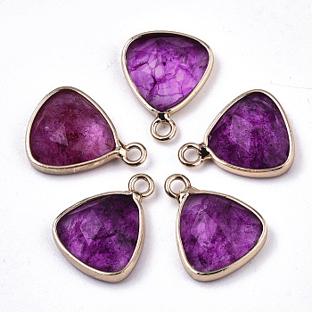 Glass Charms, with Light Gold Tone Brass Findings, Triangle, Faceted, Medium Violet Red, 14x11x4mm, Hole: 1.5mm