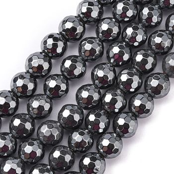 Non-Magnetic Synthetic Hematite Beads Strands, 128 Faceted, Round, Black, about 10mm in diameter, hole:1mm, 40pcs/strand, 16 inch