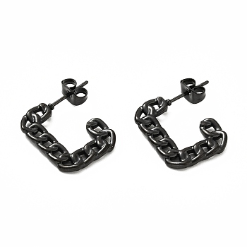 Ion Plating(IP) 304 Stainless Steel Chain Shape Stud Earrings, Rectangle Half Hoop Earrings for Women, Electrophoresis Black, 19x15x2mm, Pin: 0.7mm