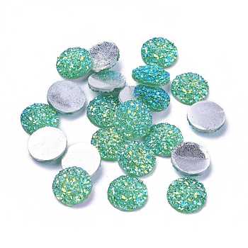 Resin Cabochons, Imitation Druzy Agate, Flat Round, AB Color Plated, Sea Green, 12x3mm