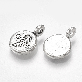 Tibetan Style Alloy Pendants, Cadmium Free & Lead Free, Flat Round with Leaf, Antique Silver, 14x9.5x4.5mm, Hole: 2mm, about 990pcs/1000g