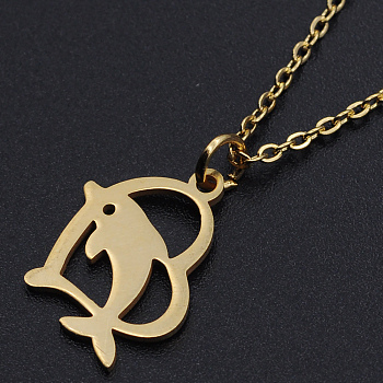 201 Stainless Steel Pendant Necklaces, with Cable Chains and Lobster Claw Clasps, Heart with Dolphin, Golden, 15.74 inch(40cm), 1.5mm