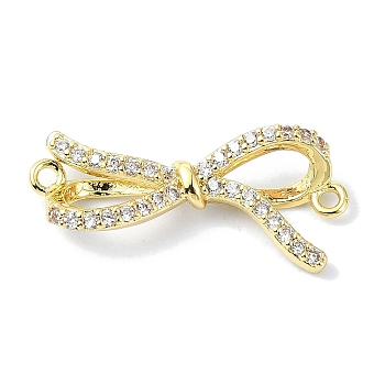 Rack Plating Brass Pave Clear Cubic Zirconia Bowknot Links, Long-Lasting Plated, Lead Free & Cadmium Free, Real 18K Gold Plated, 23x11x3.7mm, Hole: 1.2mm