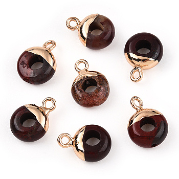 Natural Red Rainbow Jasper Flat Round/Donut Charms, with Rack Plating Golden Tone Brass Loops, 14x10mm
