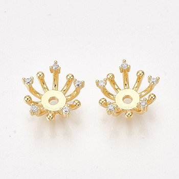 Brass Bead Caps, with Cubic Zirconia, Flower, Clear, Nickel Free, Real 18K Gold Plated, 11x5mm, Hole: 1.5mm