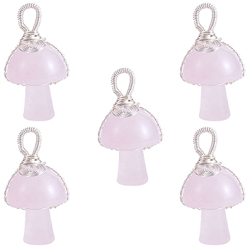 Natural Rose Quartz Pendants, Mushroom Charms, with Silver Color Plated Copper Wire Wrapped, 30x15x16mm, Hole: 5mm