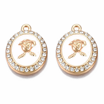 Rack Plating Alloy Enamel Pendants, with Crystal Rhinestone, Light Gold, Cadmium Free & Nickel Free & Lead Free, Oval with Flower, White, 21x16x4mm, Hole: 1.6mm