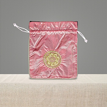 Chinese Style Brocade Drawstring Gift Blessing Bags, Jewelry Storage Pouches for Wedding Party Candy Packaging, Rectangle with Flower Pattern, Light Coral, 18x15cm