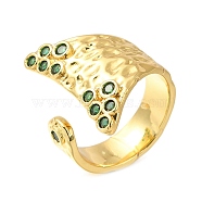 Fishtail Rack Plating Brass Micro Pave Cubic Zirconia Open Cuff Rings for Women, Cadmium Free & Lead Free, Long-Lasting Plated, Real 18K Gold Plated, Medium Sea Green, Inner Diameter: 17mm(RJEW-M022-06G-02)