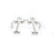 Silver Color Plated Alloy Letter Pendants, Rack Plating, Cadmium Free & Lead Free, Letter.T, 13x9x2mm, Hole: 1.5mm(X-PALLOY-J718-01S-T)