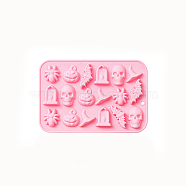 Halloween Theme DIY Skull & Witch Hat & Spider & Bat & Window Food Grade Silicone Molds, Fondant Molds, Resin Casting Molds, for Chocolate, Candy, Resin Craft Making, Pink, 183x125x15mm(SIL-CJC0001-05)