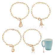 Brass & Cubic Zirconia Gesture Cup Handle Pendant Decorations, with Lobster Claw Clasp and Paperclip Chain, Golden, 152~158mm, 4 style, 1pc/style, 4pcs/set(HJEW-AB00450)