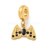 Ion Plating(IP) 304 Stainless Steel Black Enamel European Dangle Charms, Bat Large Hole Pendants with Jet Rhinestones, Golden, 21mm, Hole: 4.5mm, Batt: 10x14x2mm(STAS-U005-35G)