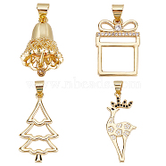 8Pcs 4 Style Christmas Theme Brass Micro Pave Clear Cubic Zirconia Pendants, Long-Lasting Plated, Bell & Gift Box & Sika Deer & Tree Charm, Real 18K Gold Plated, 19~31x12.5~15x1.7~13mm, Hole: 3.3x5mm, 2pcs/style(ZIRC-CN0001-03)