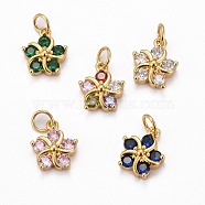 Brass Micro Pave Clear Cubic Zirconia Pendants, Long-Lasting Plated, Real 18K Gold Plated, Flower, Mixed Color, 12.5x10.5x4mm, Hole: 3.5mm, jump ring: 5x0.75mm(ZIRC-J025-29G)