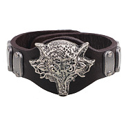 Punk Rock Wolf Alloy Cowhide Cord Studded Bracelets, Coconut Brown, 230x43 mm(BJEW-P0001-26B)