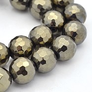 Round Non-magnetic Synthetic Hematite Beads Strands, Imitation Pyrite, Faceted, Antique Bronze Plated, 10mm, Hole: 1mm, about 40pcs/strand, 16 inch(G-D617-10mm-28)