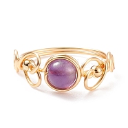 Natural Amethyst Braided Finger Ring, Copper Wire Wrap Gemstone Jewelry for Women, Golden, US Size 8 1/2(18.5mm)(RJEW-TA00042-02)