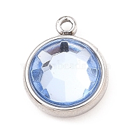 304 Stainless Steel Charms, with Acrylic Rhinestone, Birthstone Charms, Faceted, Flat Round, Stainless Steel Color, Light Sapphire, 12x10x4.4mm, Hole: 1.3mm(STAS-I165-04A-P-06)