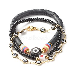 Handmade Polymer Clay Heishi Beads Stretch Bracelets Set, Flat Round with Evil Eye and Heart Lampwork Beads Lucky Bracelets for Women, Golden, Black, Inner Diameter: 2-1/4 inch(5.7cm), 3pcs/set(BJEW-JB07370)