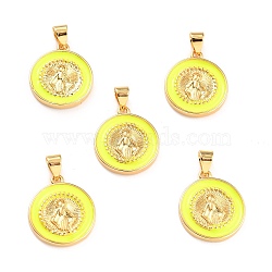 Brass Enamel Pendants, Cadmium Free & Lead Free, Long-Lasting Plated, Flat Round with Virgin Mary, Real 18K Gold Plated, Yellow, 18x16x2.5mm, Hole: 4.5x3.5mm(KK-P209-03G-03-RS)
