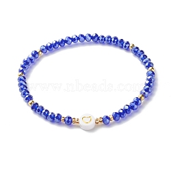 Glass Beads Stretch Bracelets, with Acrylic & Brass Beads, Flat Round with Heart Pattern, Medium Blue, Inner Diameter: 2-1/4 inch(5.7cm)(BJEW-JB06576-05)