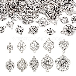 Pandahall 60Pcs 10 Styles Tibetan Style Alloy Connector Charms, Flower Mixed Shapes, Antique Silver, 15.5~37x9.5~31x1~4.5mm, Hole: 1.4~2.5mm, 6pcs/style(FIND-TA0002-97)