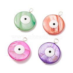 Natural Freshwater Shell Pendants, with Enamel and Real 18K Gold Plated Tone Copper Wire Loops, Dyed, Flat Round with Evil Eye Charm, Mixed Color, 32x25x6.5mm, Hole: 4.5mm(PALLOY-JF01696)