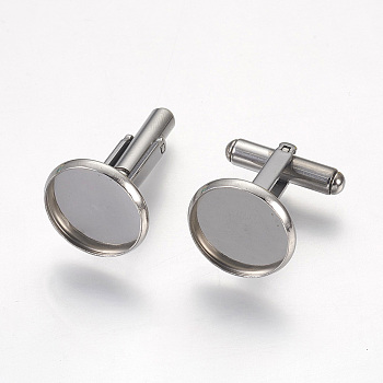 304 Stainless Steel Cuffinks, Flat Round, Stainless Steel Color, 19mm, Tray: 16x2mm, Inner Size: 14mm